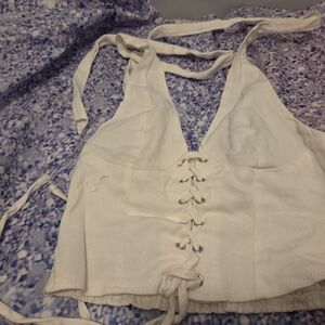 SHEIN Cream Lace-Up Crop Top